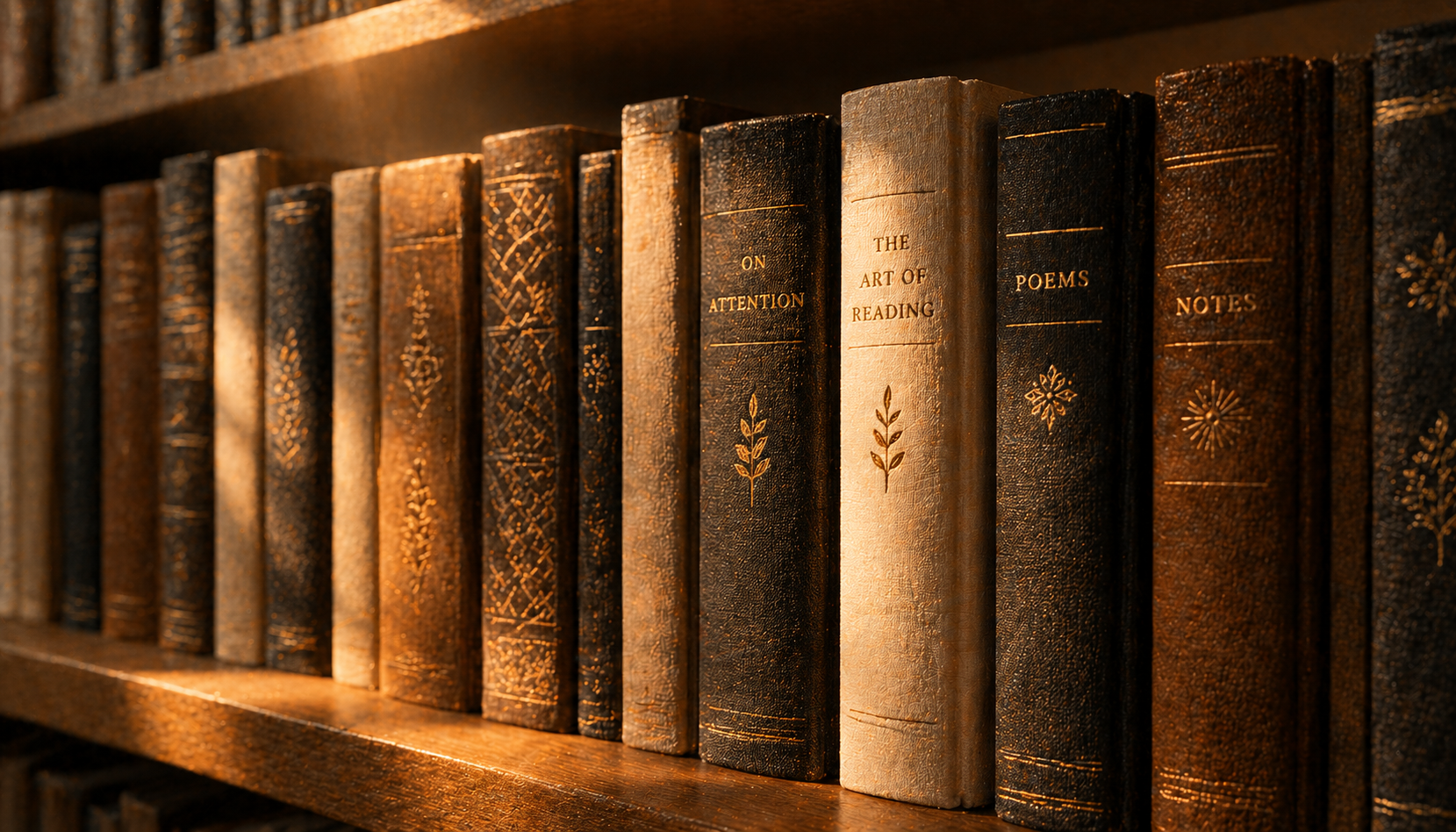 A row of classic hardcover books with gold-debossed titles
